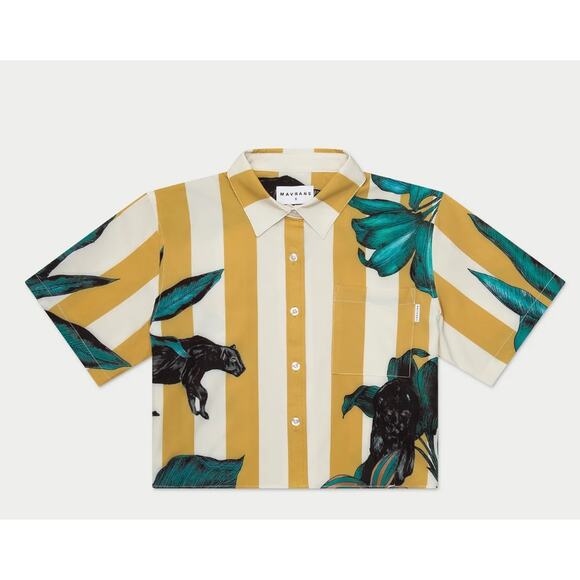 Mavrans Top Womens Large Pantera Crop Striped Button Up Tropical Summer Cruise - Picture 1 of 12